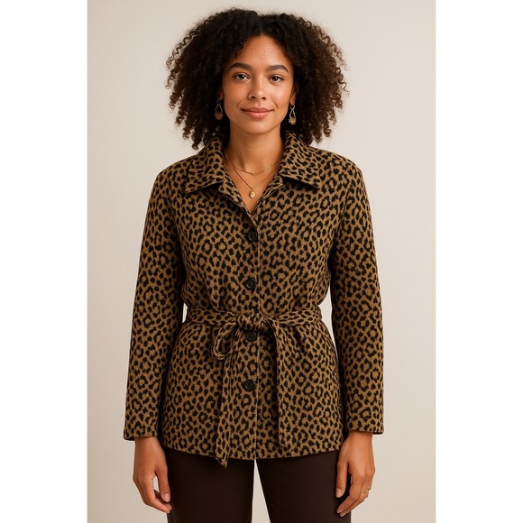 Carole Little Jackets & Blazers - Carole Little Leopard Print Belted Jacket Women XL Tan Black Animal Pattern